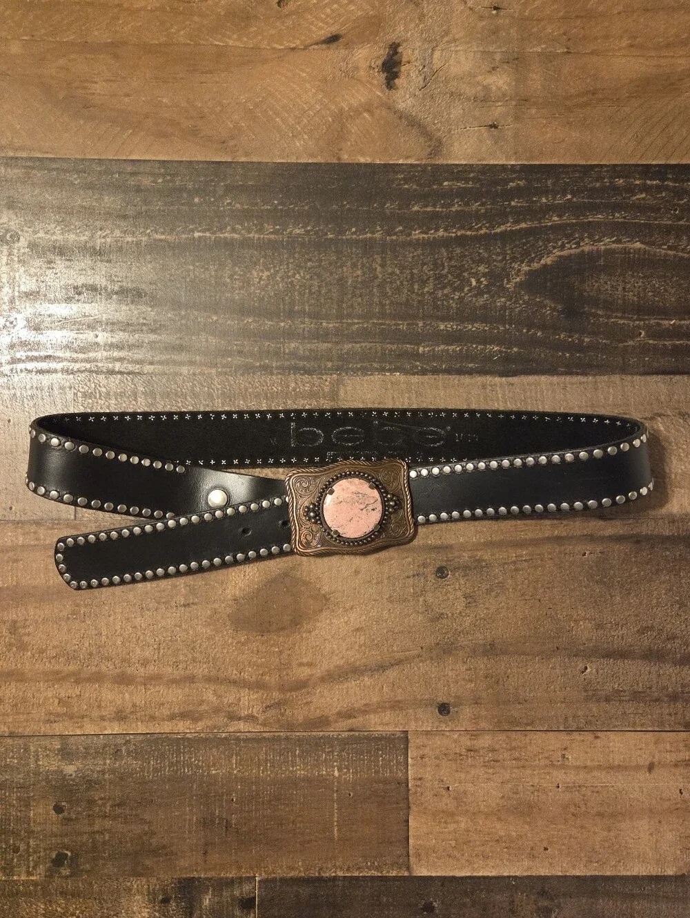 Vintage Y2K Genuine Leather Studded BEBE Belt Western Pink Rhodonite Buckle M/L